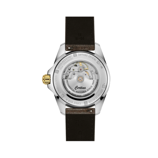 Certina DS Action GMT Powermatic 80 herreklokke med sort skive, skinnrem og GMT-funksjon.
