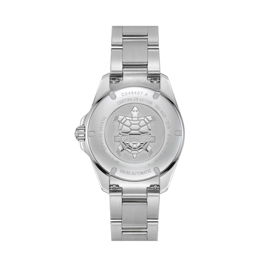 Certina DS Action Diver Powermatic 80 C048.407.11.051.01herreklokke med sort skive og kasse og lenke i stål.