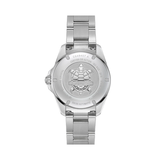 Certina DS Action Diver Powermatic 80 C048.407.11.051.01herreklokke med sort skive og kasse og lenke i stål.