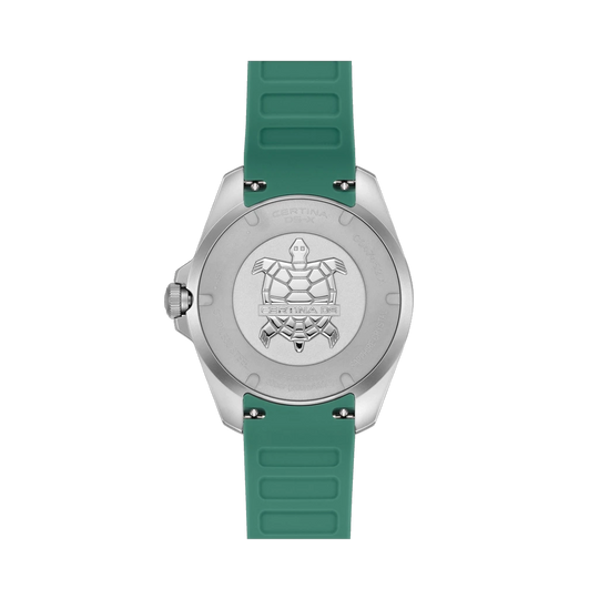 Certina DS-X GMT C047.452.17.081.00 herreklokke med grå skive, grønn gummirem, kasse i stål og GMT-funksjon.