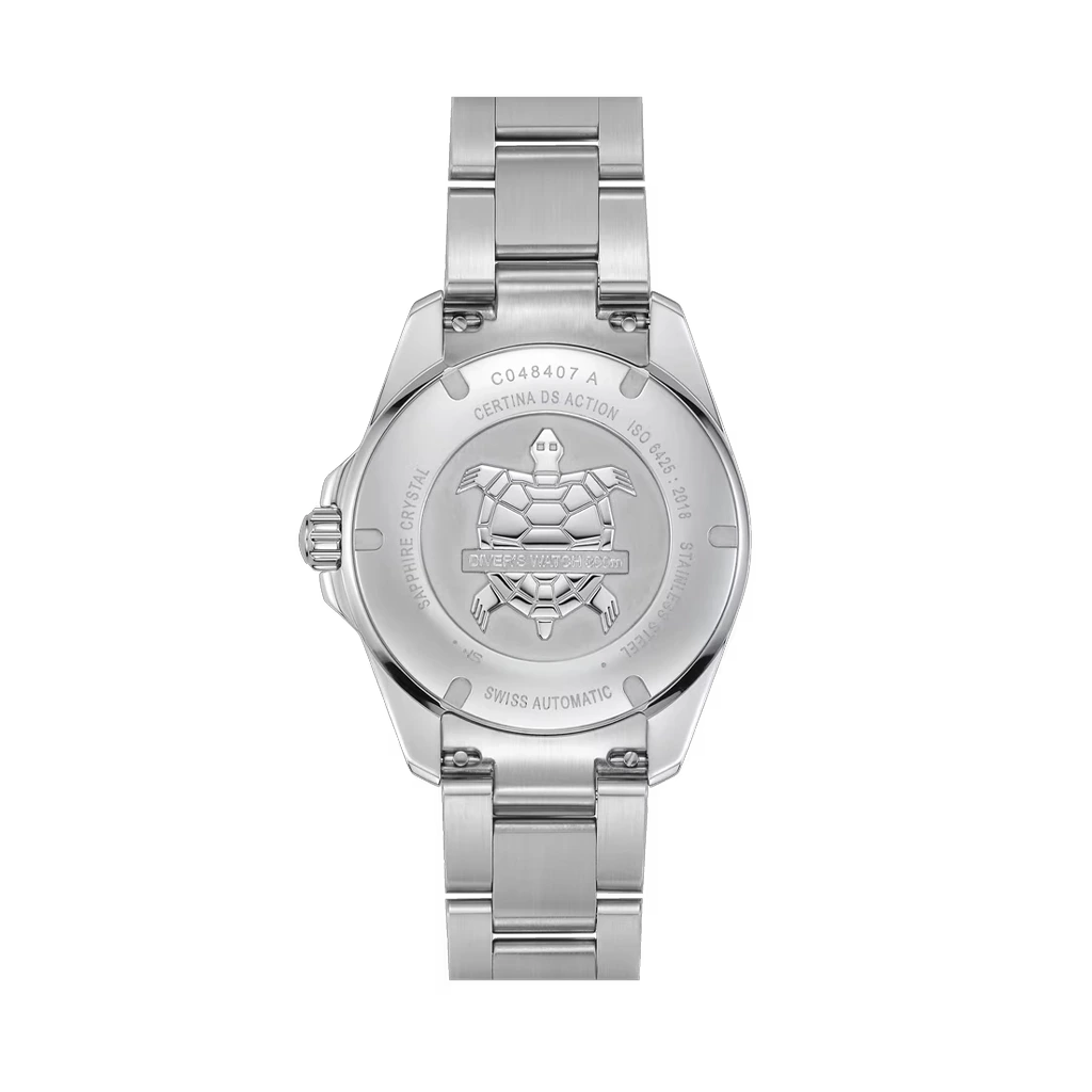 Certina DS Action Diver Powermatic 80 C048.407.11.011.00 herreklokke på 40,5 i stål med automatisk verk, keramisk bezel og hvit skive.