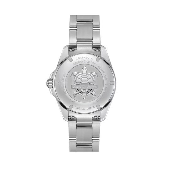 Certina DS Action Diver Powermatic 80 C048.407.11.011.00 herreklokke på 40,5 i stål med automatisk verk, keramisk bezel og hvit skive.