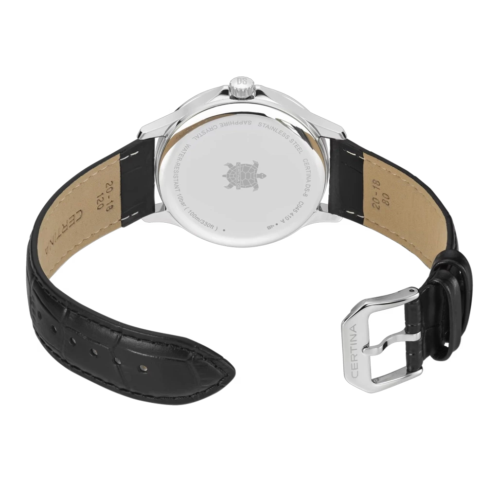 Certina DS-8 Gent C045.410.16.032.00 herreklokke på 40 mm med quartzverk, sølvfarget skive, tall og skinnrem. 