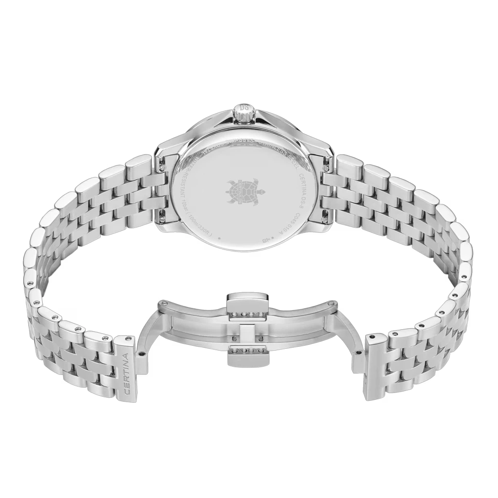 Certina DS-8 Lady C045.010.11.032.00 dameklokke på 31 mm med sølvfarget skive, skinnrem og quartzverk. 100 meter vanntett.