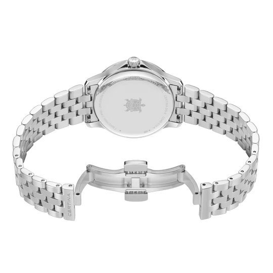 Certina DS-8 Lady C045.010.11.032.00 dameklokke på 31 mm med sølvfarget skive, skinnrem og quartzverk. 100 meter vanntett.