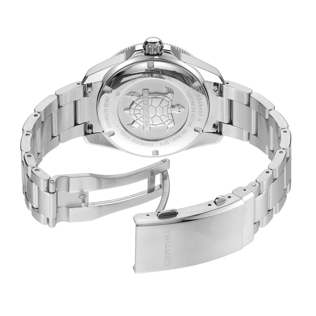 Certina DS Action Diver Powermatic 80 C048.407.11.011.00 herreklokke på 40,5 i stål med automatisk verk, keramisk bezel og hvit skive.