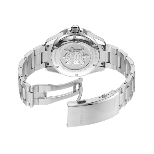 Certina DS Action Diver Powermatic 80 C048.407.11.051.01herreklokke med sort skive og kasse og lenke i stål.
