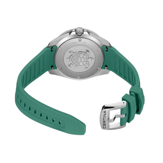 Certina DS-X GMT C047.452.17.081.00 herreklokke med grå skive, grønn gummirem, kasse i stål og GMT-funksjon.