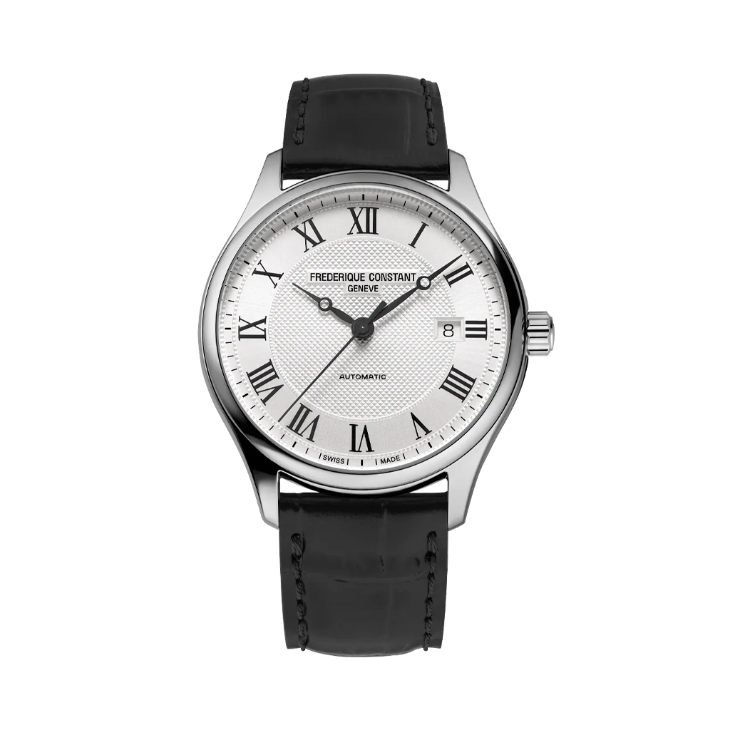 Frederique Constant dressklokke til herre med hvit skive med romertall og sort skinnrem. 50 meter vanntett.