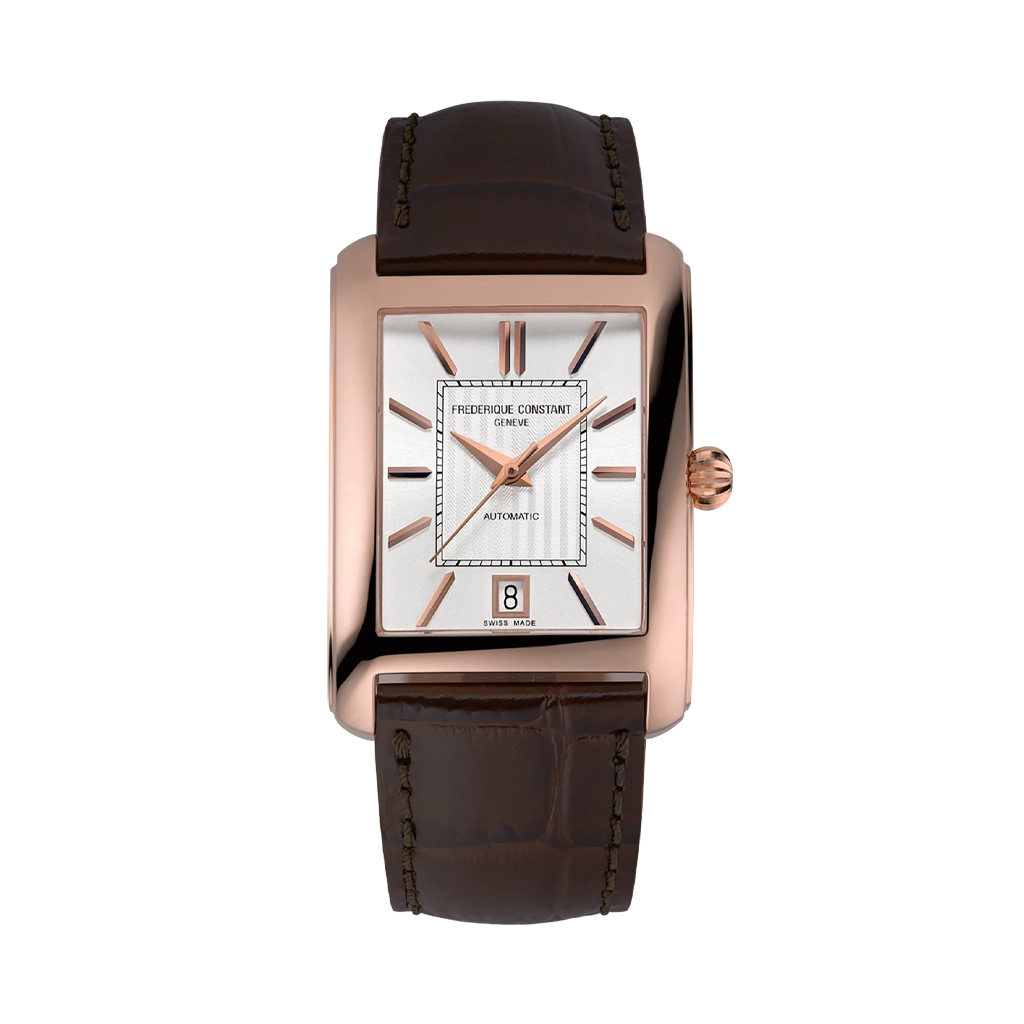 Frederique Constant Classics Carree Automatic herreklokke på 42.3 mm. Rosegullfarget kasse, hvit tallskive og brun skinnrem.
