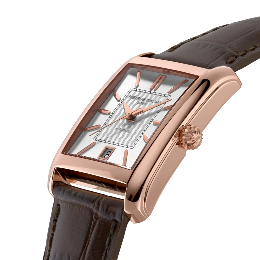 Frederique Constant Classics Carree Automatic herreklokke på 42.3 mm. Rosegullfarget kasse, hvit tallskive og brun skinnrem.
