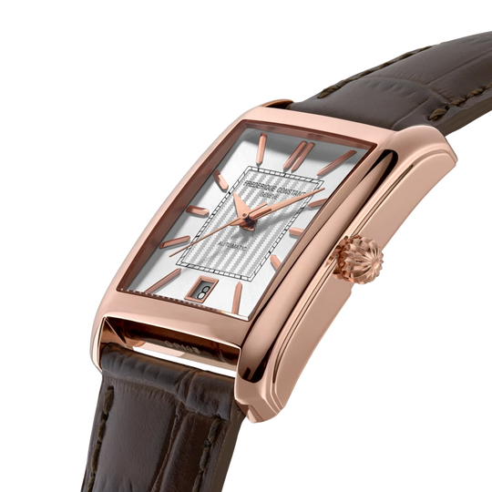 Frederique Constant Classics Carree Automatic herreklokke på 42.3 mm. Rosegullfarget kasse, hvit tallskive og brun skinnrem.