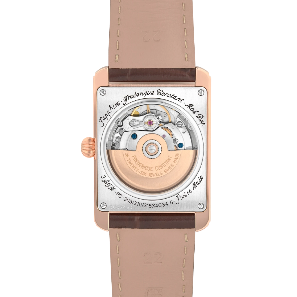 Frederique Constant Classics Carree Automatic herreklokke på 42.3 mm. Rosegullfarget kasse, hvit tallskive og brun skinnrem.