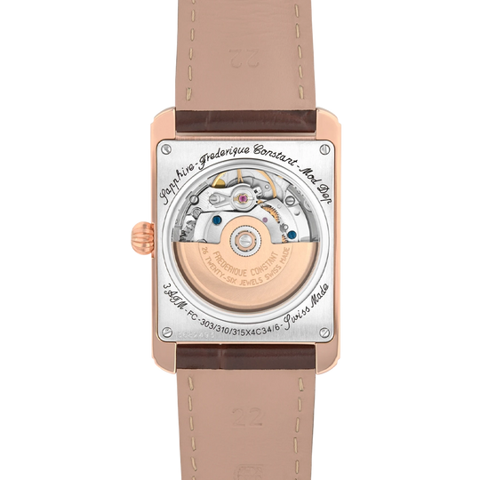 Frederique Constant Classics Carree Automatic herreklokke på 42.3 mm. Rosegullfarget kasse, hvit tallskive og brun skinnrem.