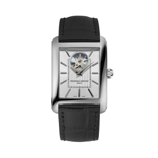 Frederique Constant Classics Carrée Heart Beat med rektangulær kasse, åpen balanse og elegant design som fremhever urverkets puls.
