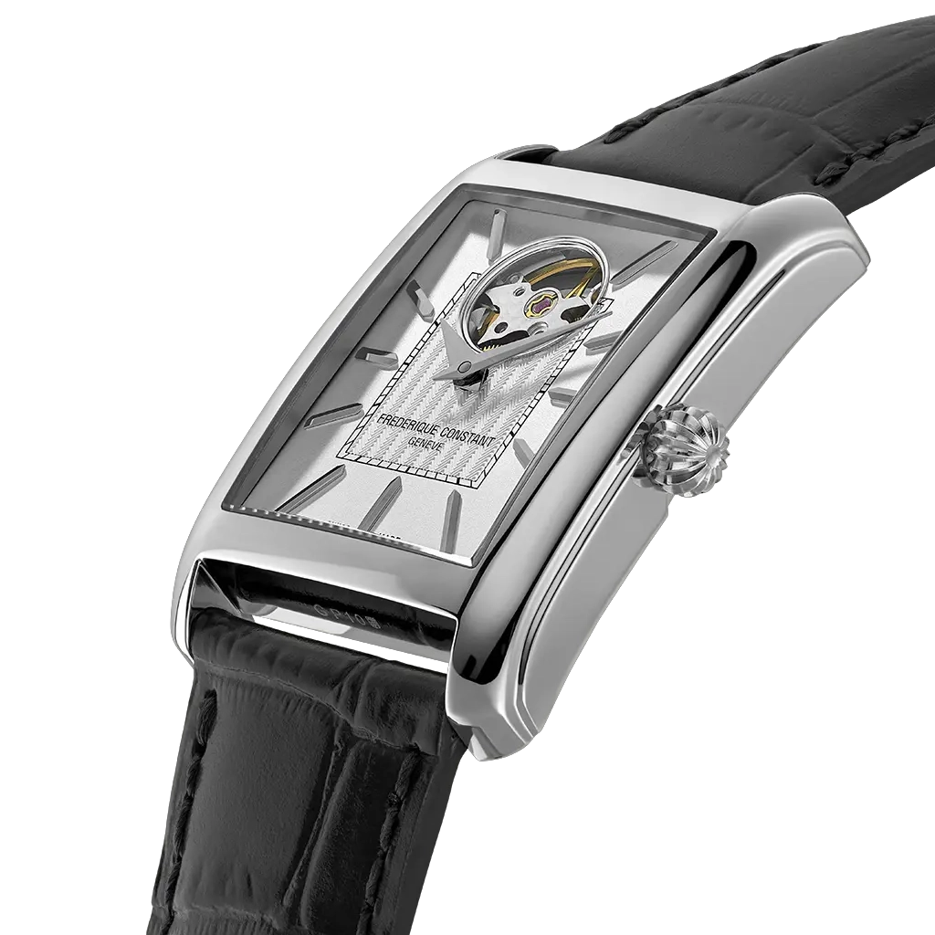 Frederique Constant Classics Carrée Heart Beat med rektangulær kasse, åpen balanse og elegant design som fremhever urverkets puls.