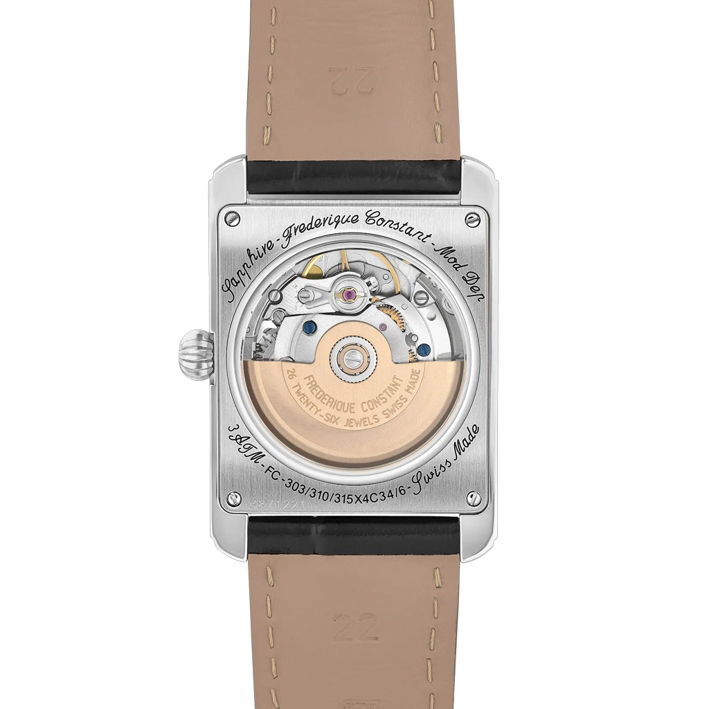 Frederique Constant Classics Carrée Heart Beat med rektangulær kasse, åpen balanse og elegant design som fremhever urverkets puls.