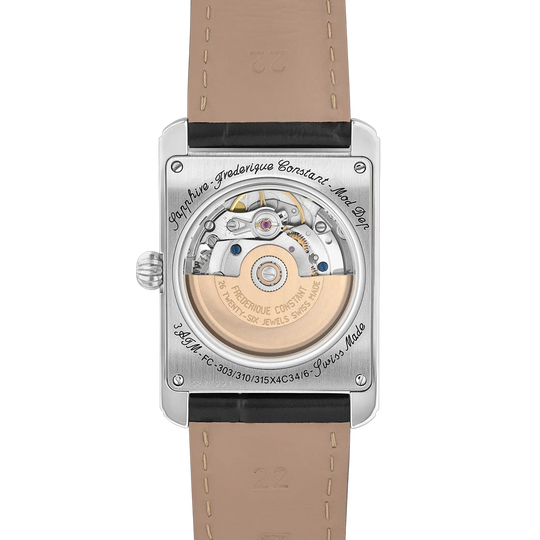 Frederique Constant Classics Carrée Heart Beat med rektangulær kasse, åpen balanse og elegant design som fremhever urverkets puls.