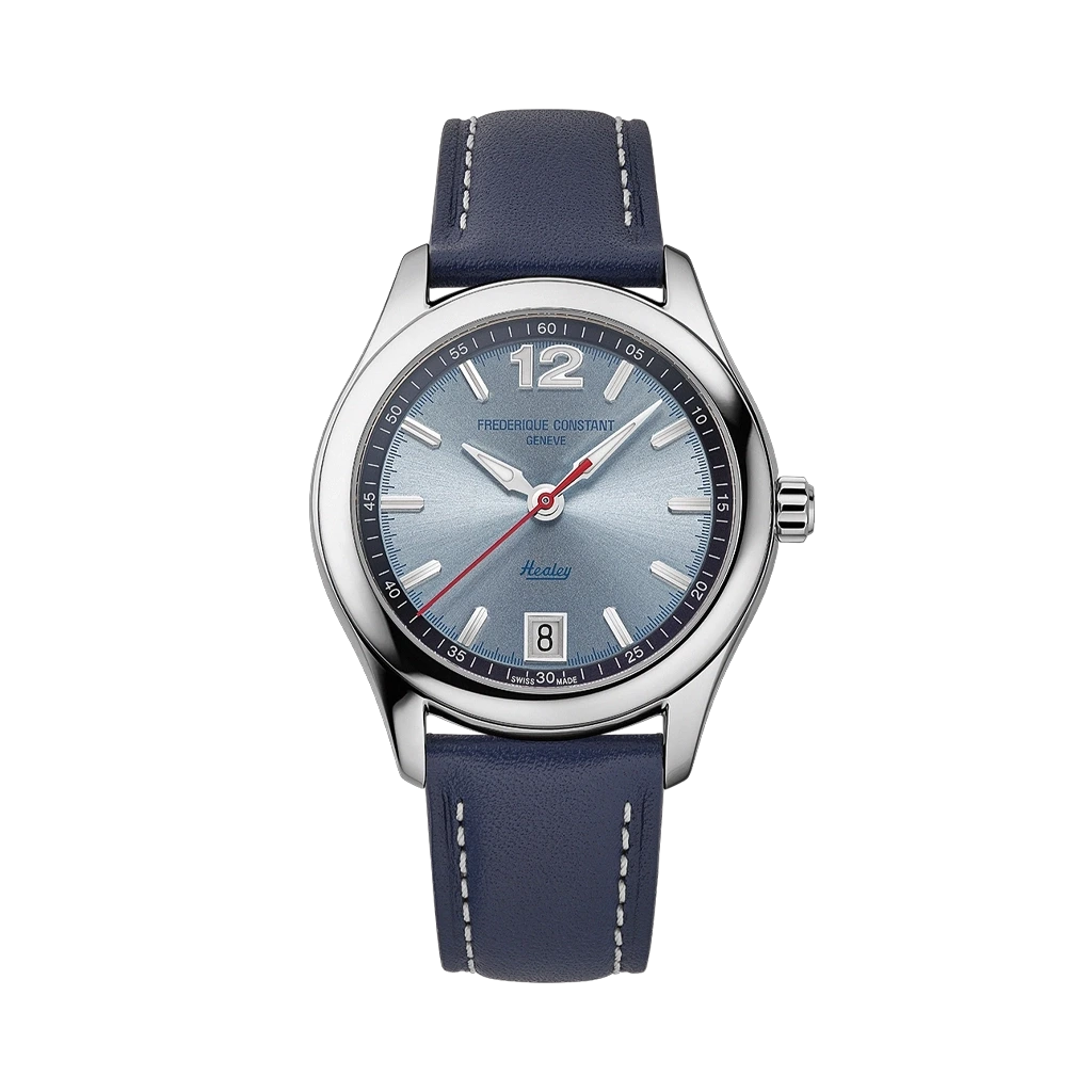 Frederique Constant Classics Vintage Rally Healey dameklokke med lysblå skive, kasse i stål og blå skinnrem