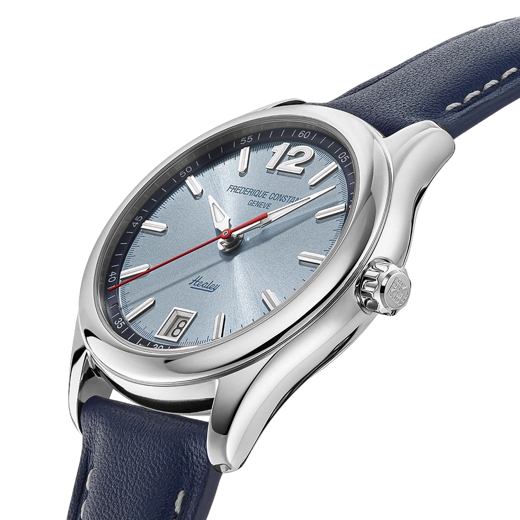 Frederique Constant Classics Vintage Rally Healey dameklokke med lysblå skive, kasse i stål og blå skinnrem