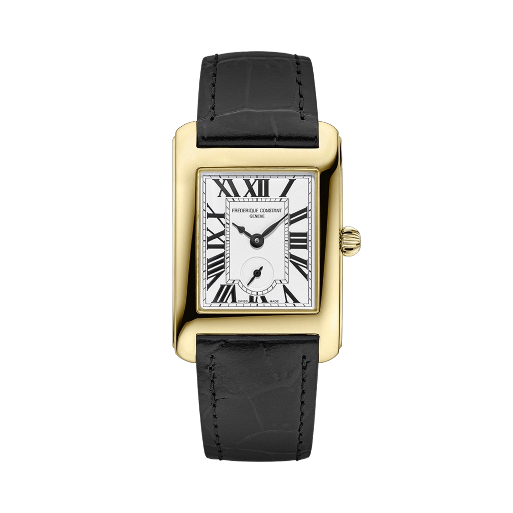 Classics Carree til dame med hvit tallskive med egen subdial for sekunder. Gullfarget kasse og sort skinnrem. 50 meter vanntett.