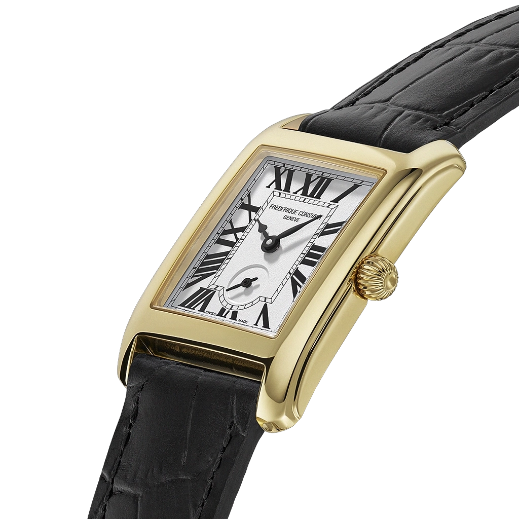 Classics Carree til dame med hvit tallskive med egen subdial for sekunder. Gullfarget kasse og sort skinnrem. 50 meter vanntett.