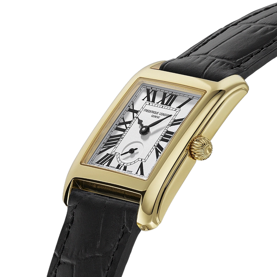Classics Carree til dame med hvit tallskive med egen subdial for sekunder. Gullfarget kasse og sort skinnrem. 50 meter vanntett.