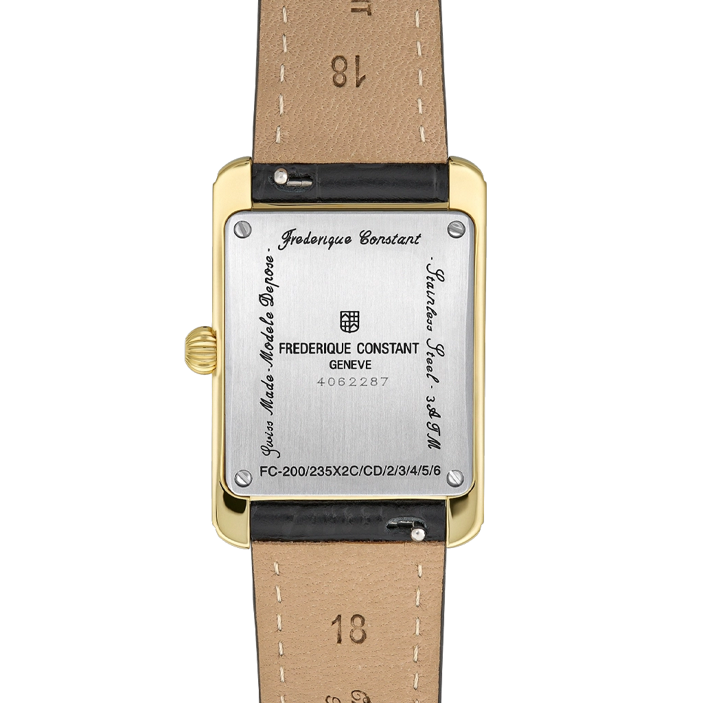 Classics Carree til dame med hvit tallskive med egen subdial for sekunder. Gullfarget kasse og sort skinnrem. 50 meter vanntett.