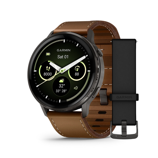 Garmin Venu 4 - 45 mm 010-03014-03 til herre i stål med AMOLED-skjerm, skinnrem og ekstra silikonrem. Opptil 12 dagers batteritid.