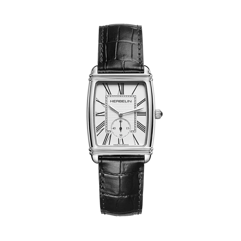 Herbelin Art Deco Small Seconds herreklokke med stålkasse og skinnrem.