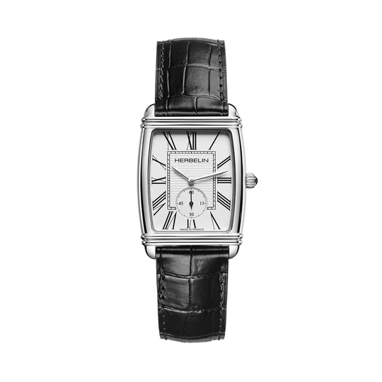 Herbelin Art Deco Small Seconds herreklokke med stålkasse og skinnrem.