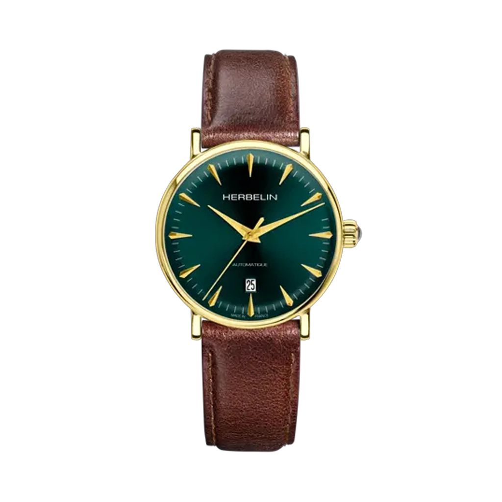 Herbelin Inspiration – elegant sveitsisk automatisk klokke med brun urskive og brun lærrem, klassisk design som passer til både jobb og formelle anledninger.