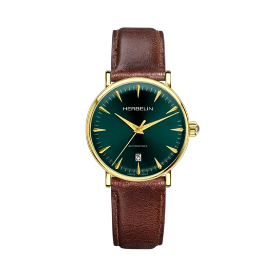 Herbelin Inspiration – elegant sveitsisk automatisk klokke med brun urskive og brun lærrem, klassisk design som passer til både jobb og formelle anledninger.