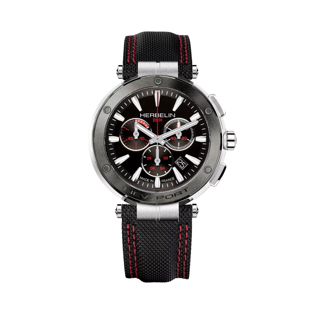 Herbelin Newport Chrono Quartz 43 mm – sporty elegant sveitsisk kronograf med sort urskive, stållenke og pålitelig quartz-verk for aktiv hverdag og tidtaking.