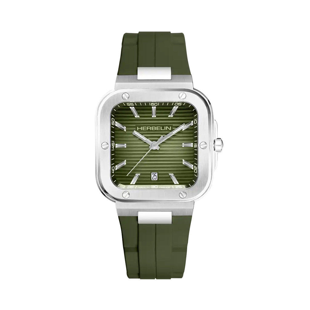 Cap Camarat Square på 39x39 mm er en grønn herreklokke med quartzverk. 100 meter vanntett.