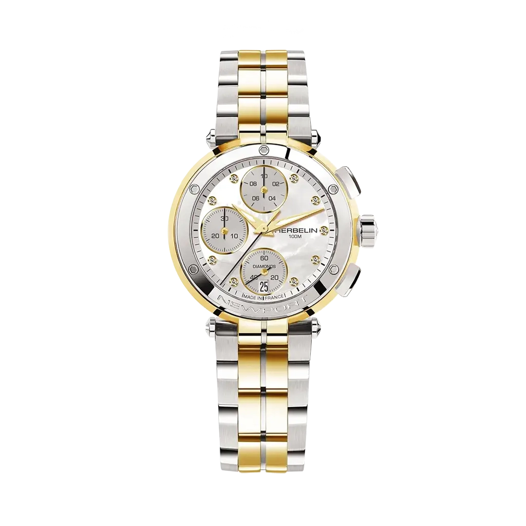 Herbelin Newport 35 mm dameklokke med hvit perlemorskive og lenke i tofarget stål. 100 meter vanntett.