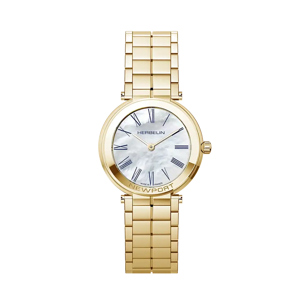 Herbelin Newport Slim er en slank quartzklokke med stålkasse, safirglass og hvit perlemorskive. 30 meter vanntett.