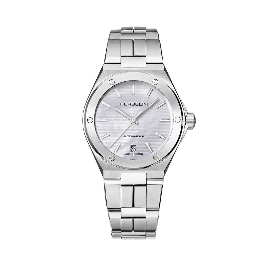 Herbelin Cap Camarat 37 mm dameklokke i stål med lenke, hvit perlemorskive og automatisk verk med gangreserve på 41 timer.