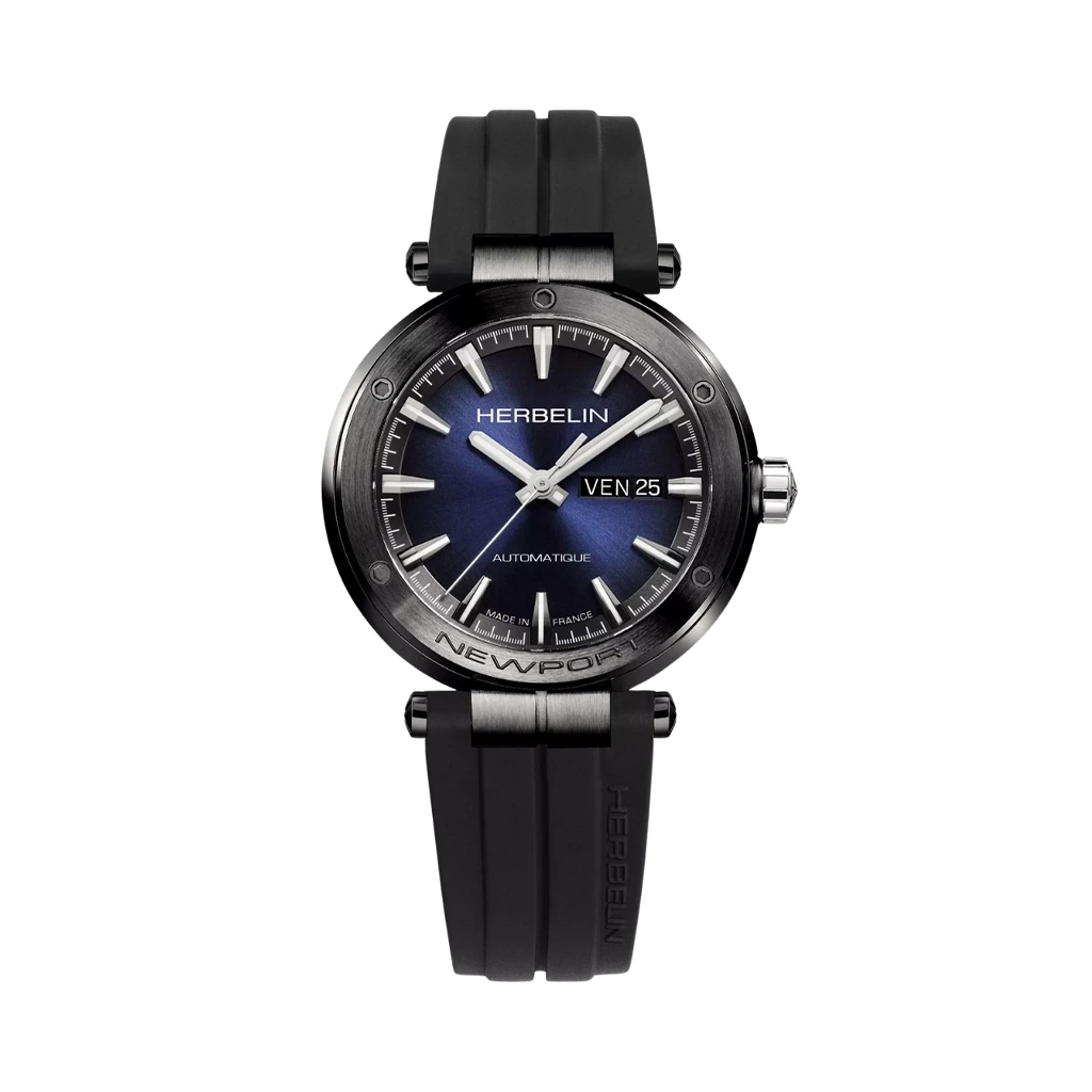 Herbelin Newport herreklokke med automatisk verk, blå skive og sort gummirem