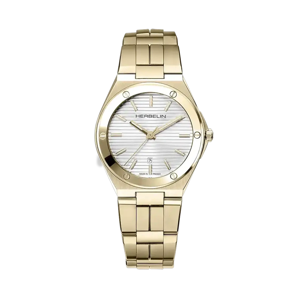 Herbelin Cap Camarat 14545BP1N11 er en gullfarget dameklokke i stål med sølvfarge tallskive, lenke og quartzverk.