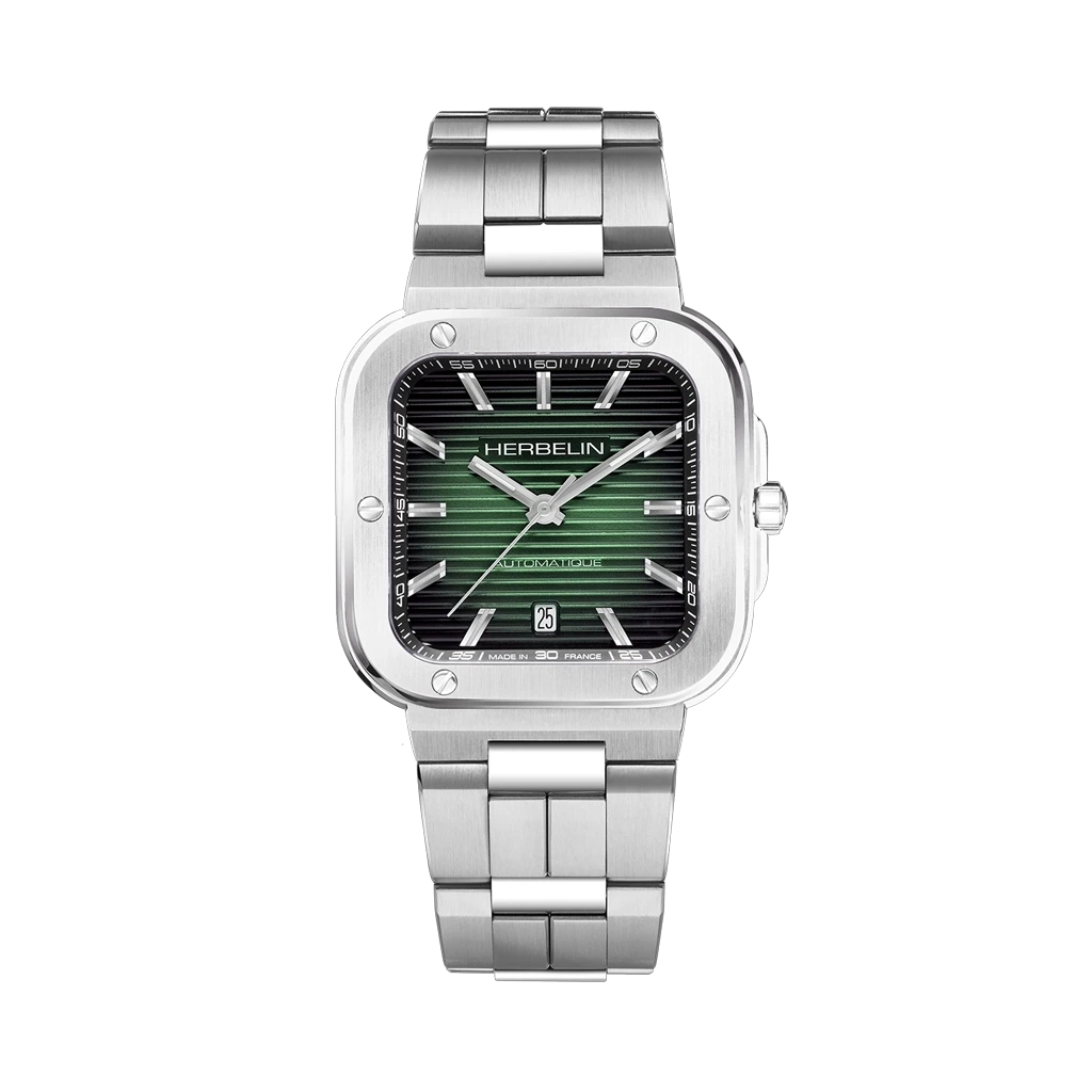 Herbelin Cap Camarat Square herreklokke med grønn skive, stållenke og automatisk verk.