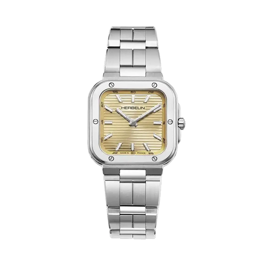 Herbelin Cap Camarat Square dameklokke i stål med champagnefarget skive, lenke og quartzverk.