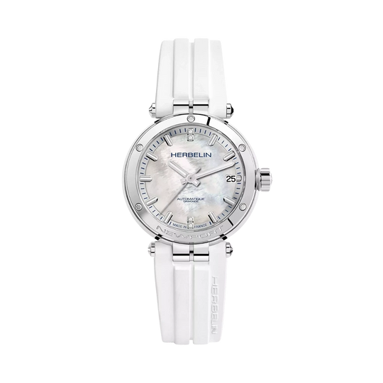Herbelin Newport dameklokke med hvit perlemorskive, hvit gummirem og automatisk verk.