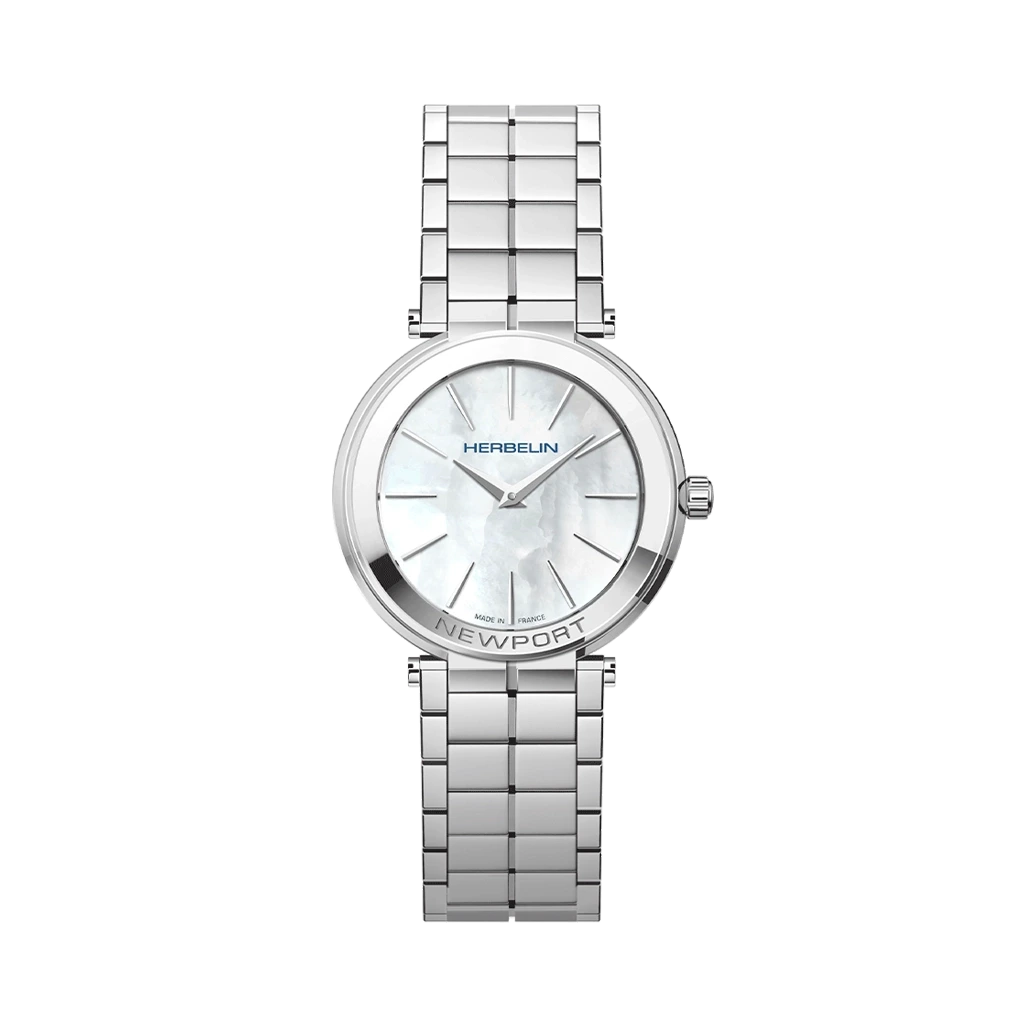 Herbelin Newport Slim 16922B19 dameklokke på 32 mm med hvit perlemorskive, kasse og lenke i stål og quartzverk.
