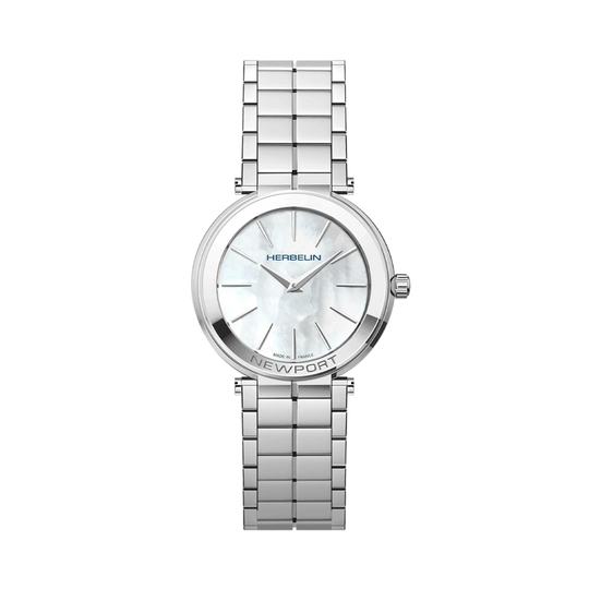 Herbelin Newport Slim 16922B19 dameklokke på 32 mm med hvit perlemorskive, kasse og lenke i stål og quartzverk.