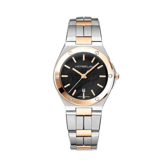 Herbelin Cap Camarat 14545btr49 dameklokke på 33 mm med kasse og lenke i stål og gullfarget PVD belegg. Sort tallskive. 