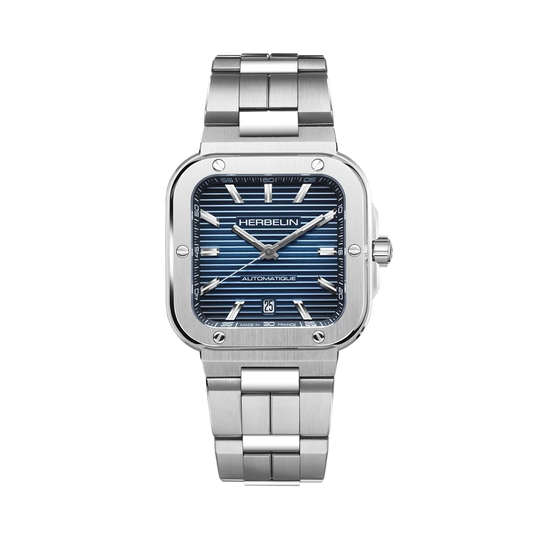 Herbelin Cap Camarat Square 1646b15 herreklokke med størrelse på 39 x 39 mm, kasse og lenke i stål, blå tallskive og automatikkverk. 
