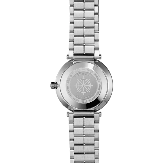 Herbelin Newport Slim 16922B19 dameklokke på 32 mm med hvit perlemorskive, kasse og lenke i stål og quartzverk.