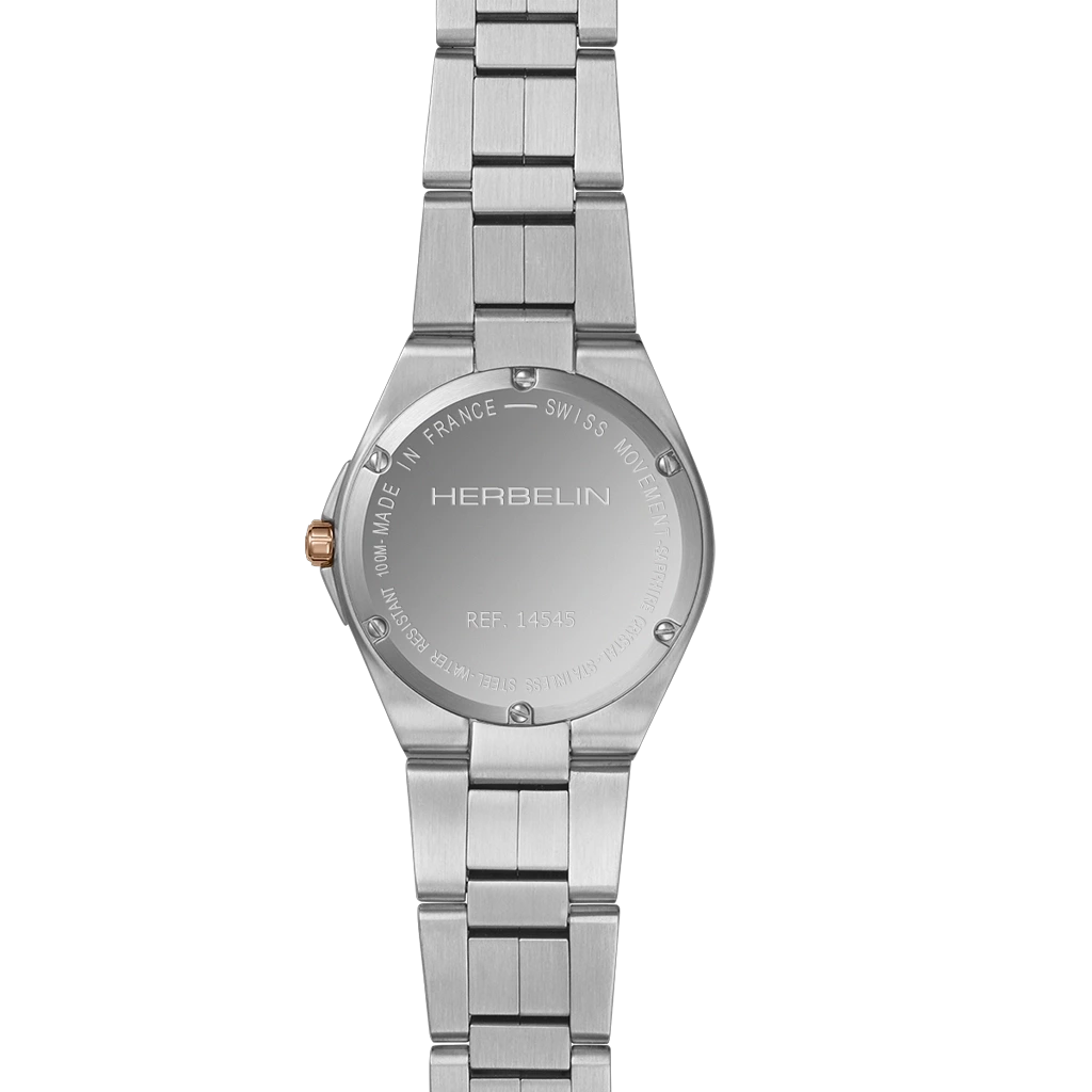 Herbelin Cap Camarat 14545btr49 dameklokke på 33 mm med kasse og lenke i stål og gullfarget PVD belegg. Sort tallskive. 