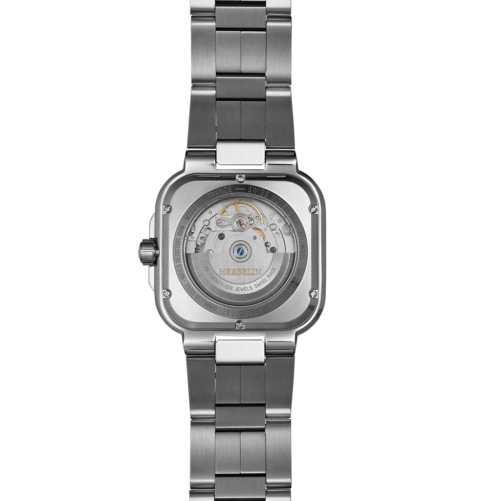 Herbelin Cap Camarat Square 1646b15 herreklokke med størrelse på 39 x 39 mm, kasse og lenke i stål, blå tallskive og automatikkverk. 